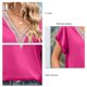 thumbnail image 5 of Top de manga de murciélago corta con cuello en V, ribete de encaje satinado, elegante, transpirable, suelto, Top de verano para mujer para el trabajo, rojo rosa S, 5 of 6
