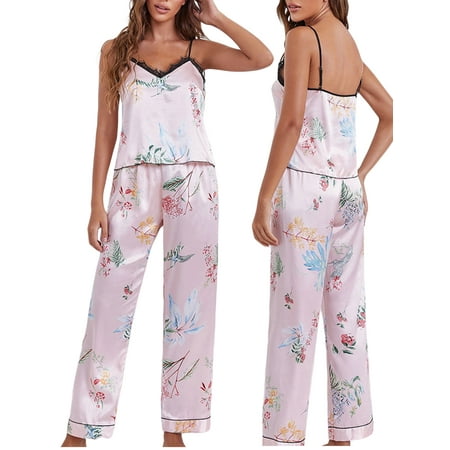 

Tsseiatte Women s Summer 2 Piece Lounge Set Lace Trim Cami Tops and Floral Pants Pajama Set