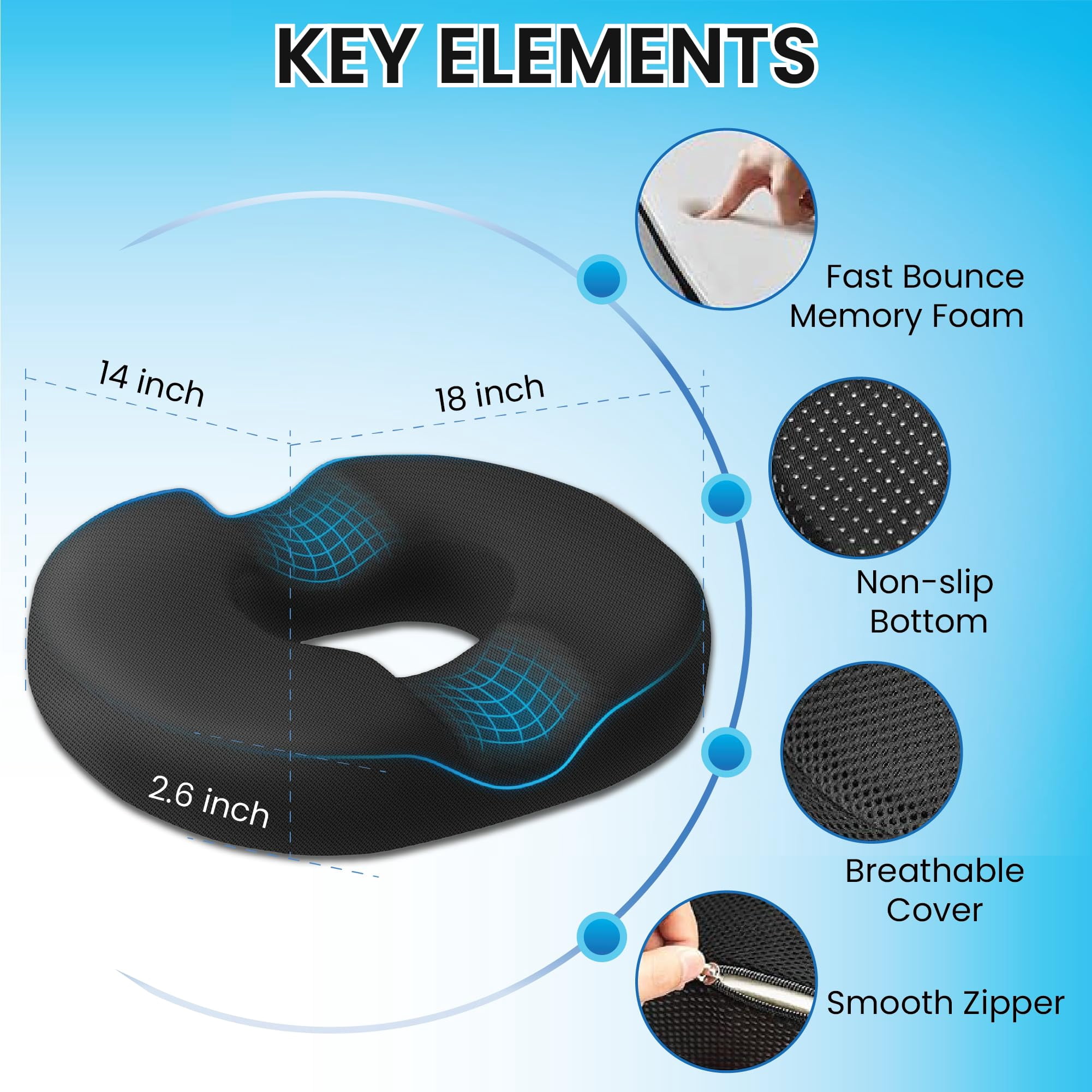 Qutool Donut Pillow for Tailbone Pain Support, Hemorrhoid Cushion, Orthopedic Memory Foam Seat Cushion, Black