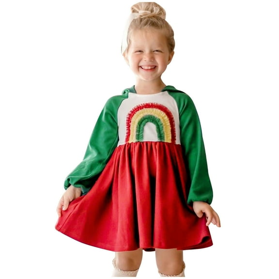 Girls Hooded Sweatshirt Dresses Rainbow Mesh Long Sleeve A Line Christmas Dress Fall Casual Cute Toddler Clothes Green 5 Years