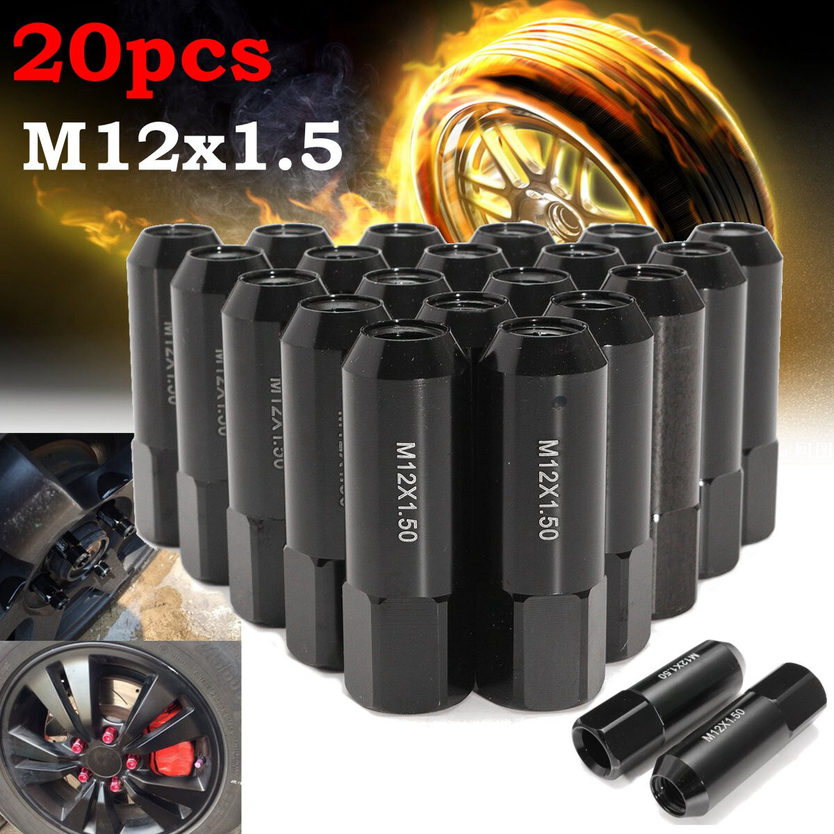 20PCS Aluminum Racing Wheel Lug Nuts Black Long M12 x 1.5 For Honda Ford Toyota