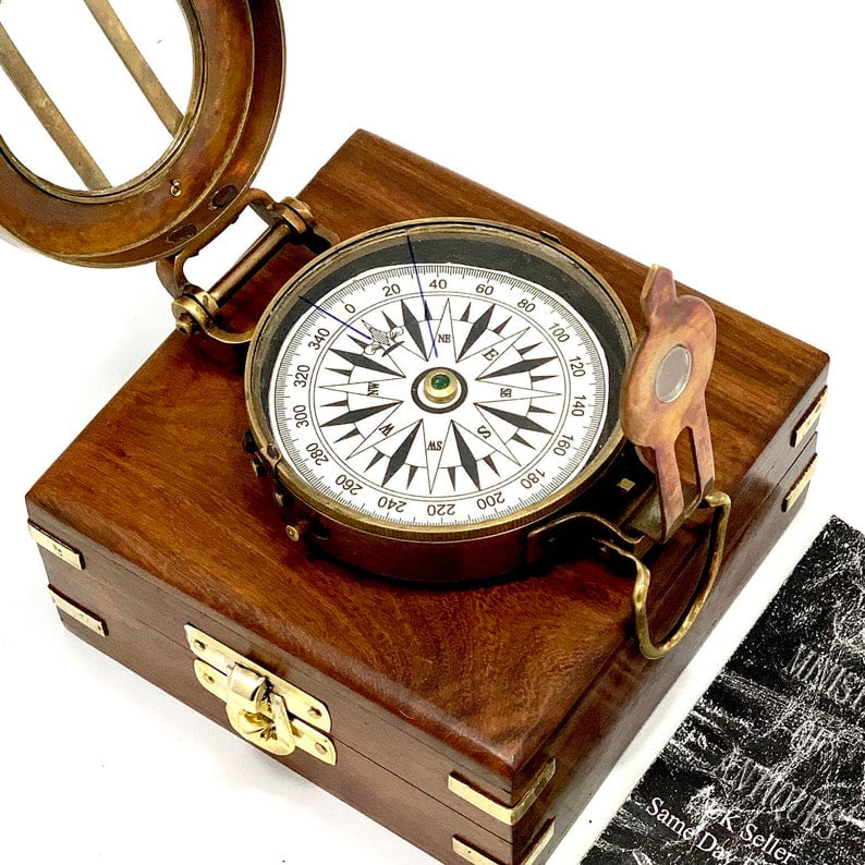 Soldiers Military Thumb Compass Vintage Brass WW2 1940 Navigation Compass | World War II Style Military Compass with Anchor Engraved Wooden Box