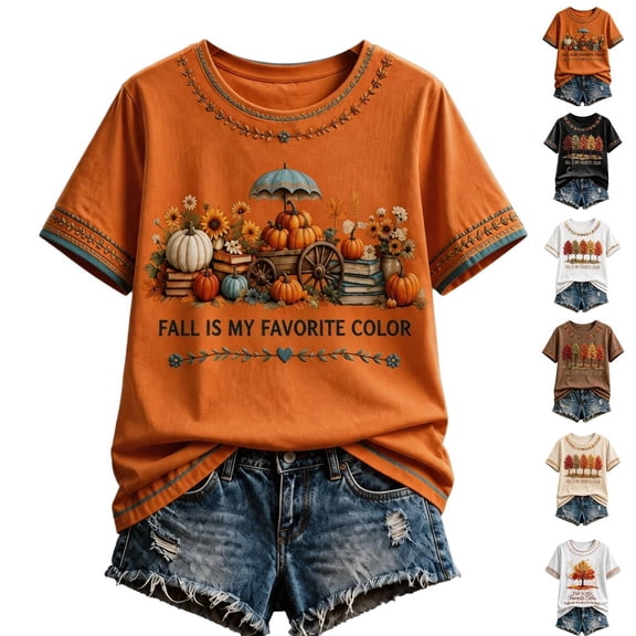 Women Fall Thanksgiving Autumn Tree Graphic T-Shirt Crew Neck Short Sleeve Casual Loose Holiday Tee Top Saffron 3XL