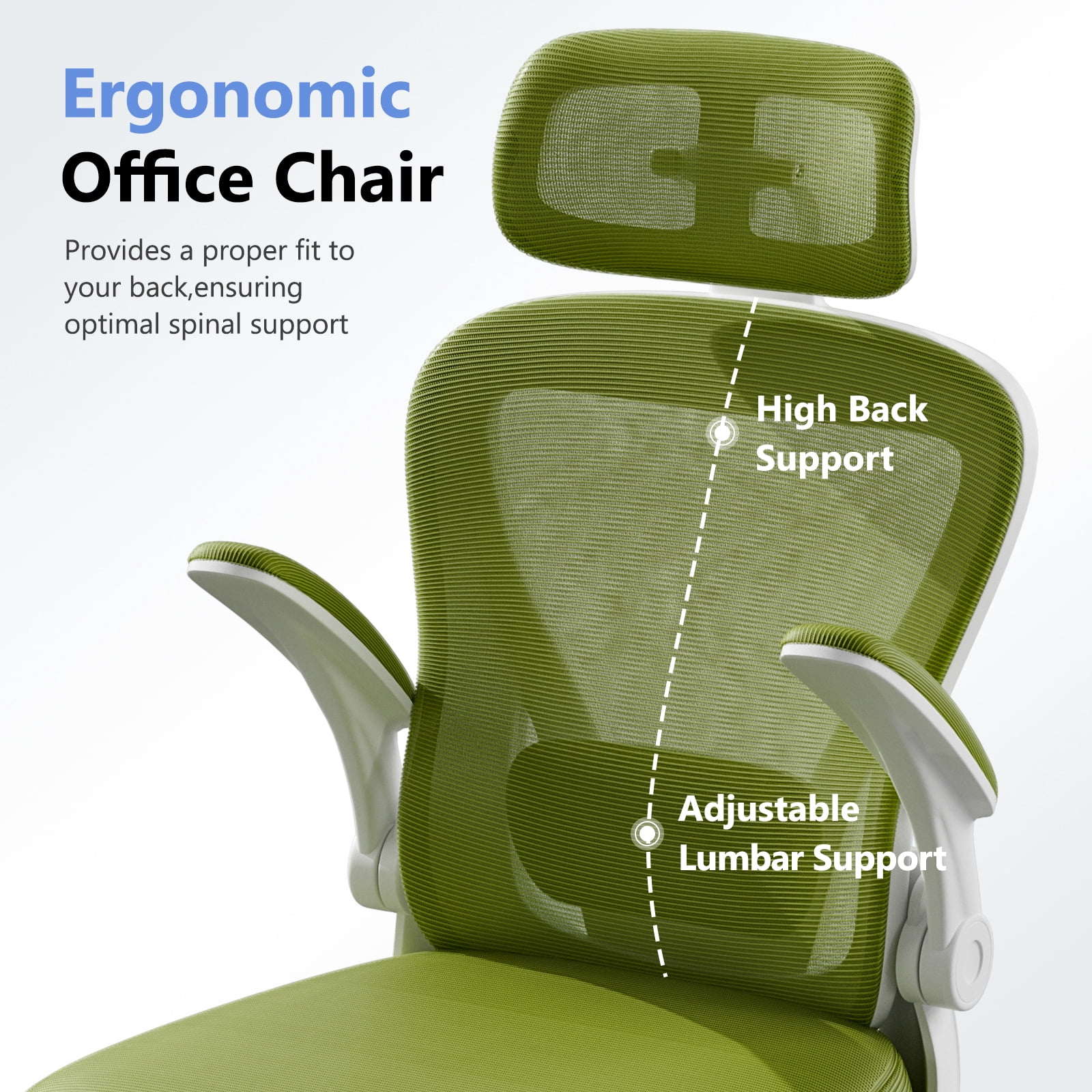 HomeZeer Desk Chairs with Wheels, Mesh Office Chair with Lumbar Support, Ergonomic High Back Office Chair with Adjustable Headrest, Task Chair Flip-up Arms, Executive Office Chair Home Office, Green