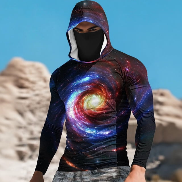 Ceisia Spiral Galaxy Print Hooded Top Men's Slim Fit Long Sleeve UV Protective Face Mask Shirt Multicolor XXL Gifts