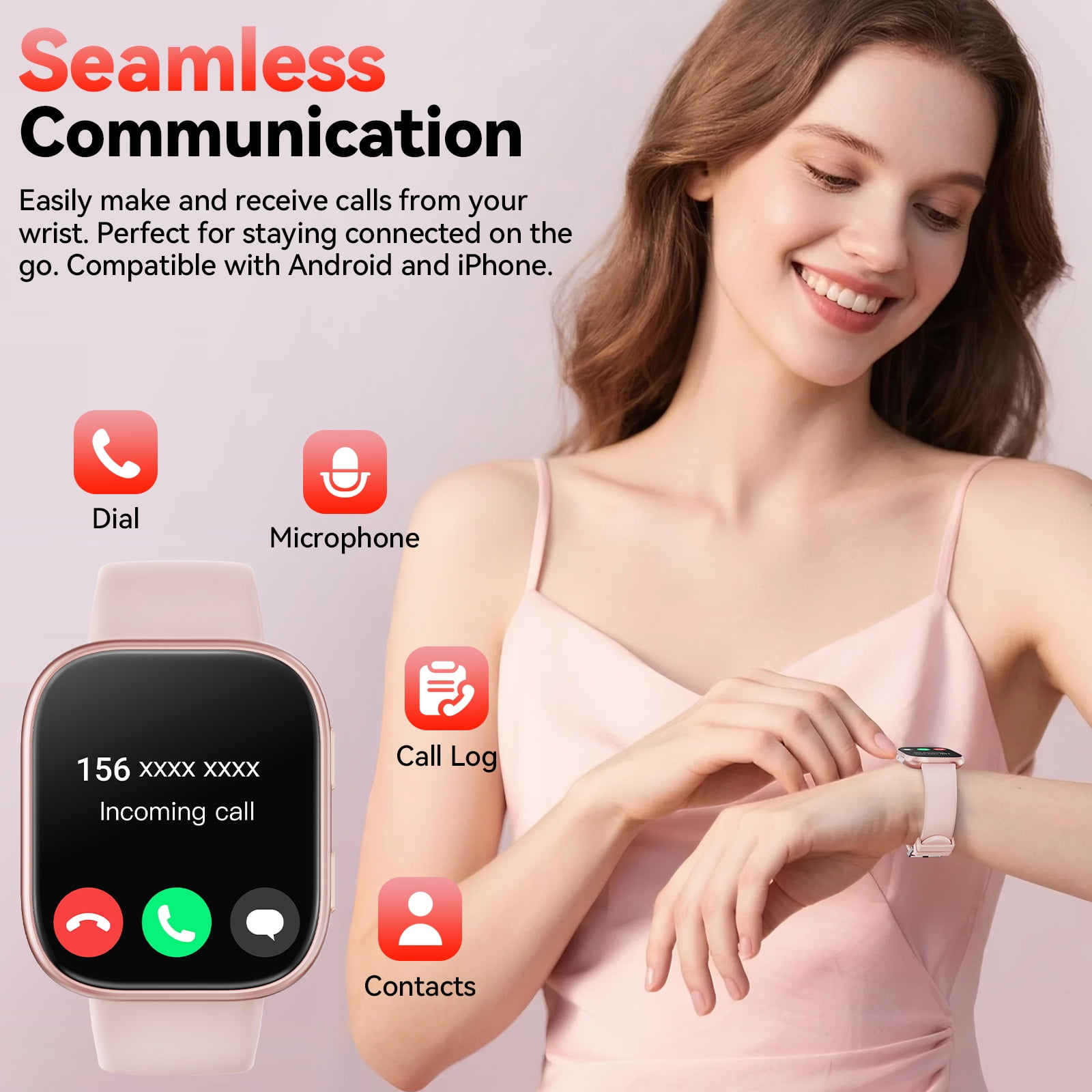 Mingdaln Smart Watches for Women Android iPhone (7 Bands Gift Set), [1.85" AMOLED Screen] Smartwatch Fitness Tracker Ip68 Waterproof with Bluetooth Calls, AI Control, 7 Days Battery，Pink