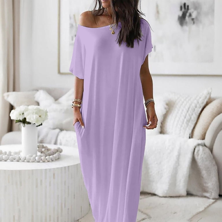 women's purple casual dress ClodeEU Off Shoulder Short Sleeve Maxi Dress,Casual Loose Fit Long with Pockets Purple,Women's Plus XL beach wedding dress with Sash Taille:42 Green Bridesmaid Dresses 丨Azazie Puff sleeve Grab your size fast—once