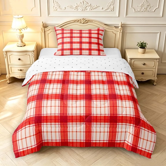 Manfei Abstract Geometric Check Twin Comforter Sets,Classic Plaid Bedding Set,Red Beige,Reversible,2 Pieces,1 Comforter and 1 Pillowcase,2 Pieces,1 Comforter and 1 Pillowcase