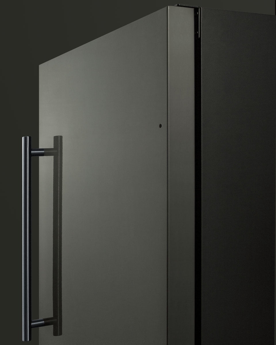 18" wide ADA compliant built-in undercounter all-refrigerator with a black stainless steel door, black cabinet, digital thermostat and front lock