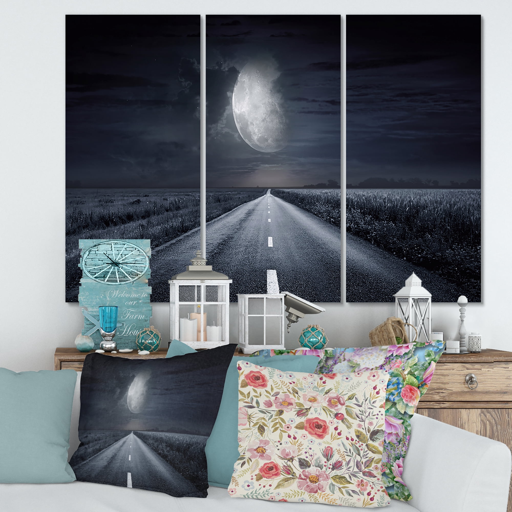 Designart ' Cloudy Full Moon Over Asphalt Road III ' Nautical & Coastal Canvas Wall Art Print