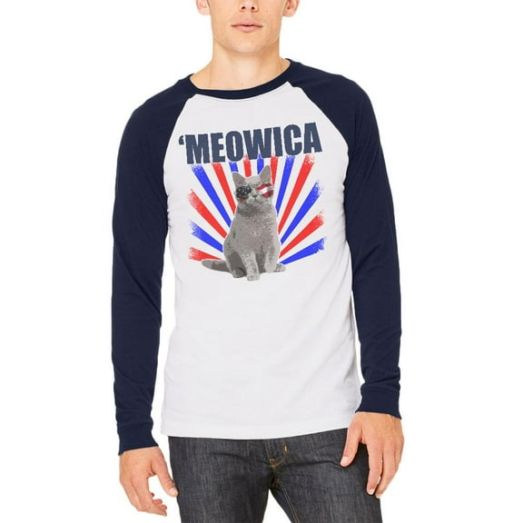 Cat 4th of July Meowica Mens Long Sleeve Raglan T Shirt White-Navy X-LG