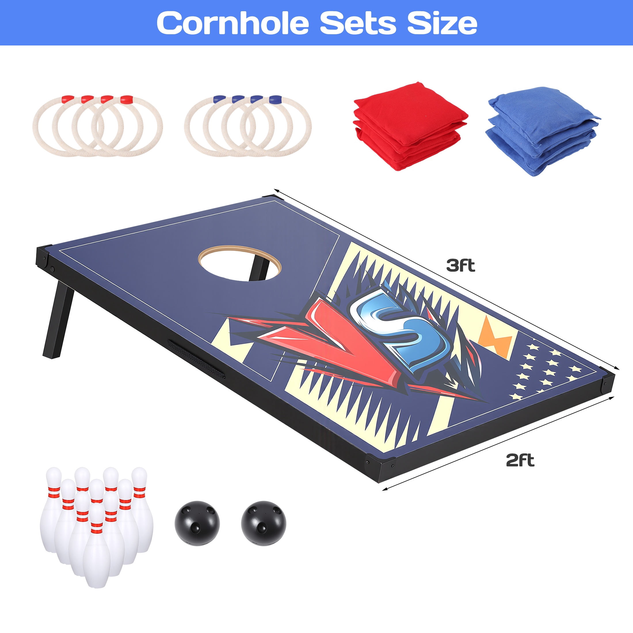 Portable Cornhole Sets with 8 Bean Bags, 3 in 1 Cornhole Boards Set with Ring Toss & Bowling Game, Segmart Wooden Cornhole Sets with Carrying Bags for Backyard, Beach, Party