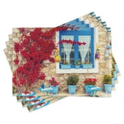 Coastal Placemats Set of 4 Italian Design Mediterranean House with Greek Windows Print, Washable Fabric Place Mats for Dining Room Kitchen Table Decor,Pale Brown White and Navy Blue, by Ambesonne