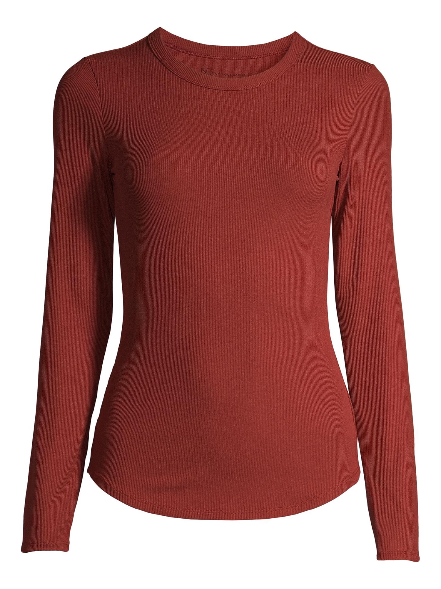 No Boundaries Ribbed Crewneck Tee with Long Sleeves, Women's