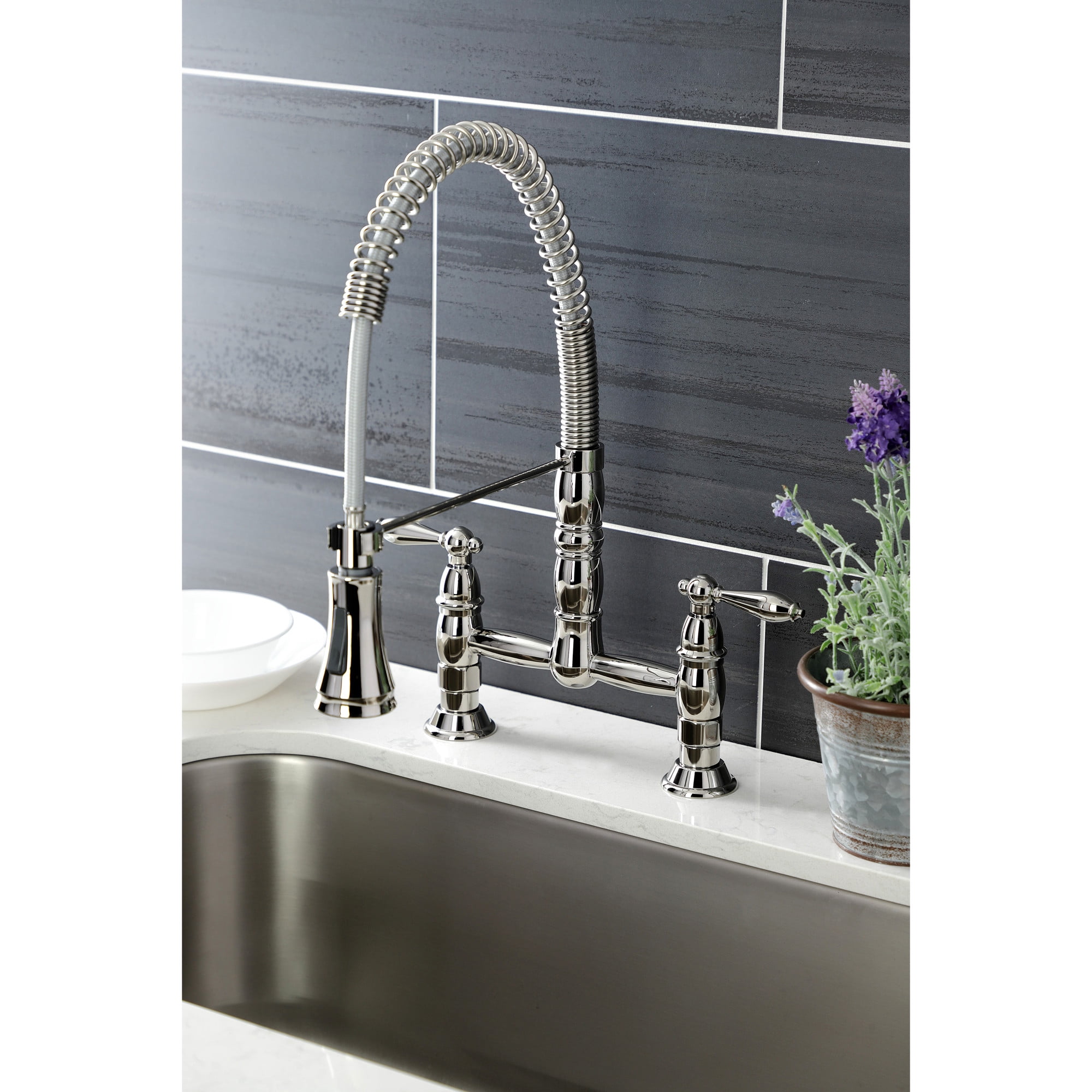 Kingston Brass GS1276AL Heritage Double-Handle 2-Hole Deck-Mount Pre-Rinse Bridge Kitchen Faucet in Polished Nickel