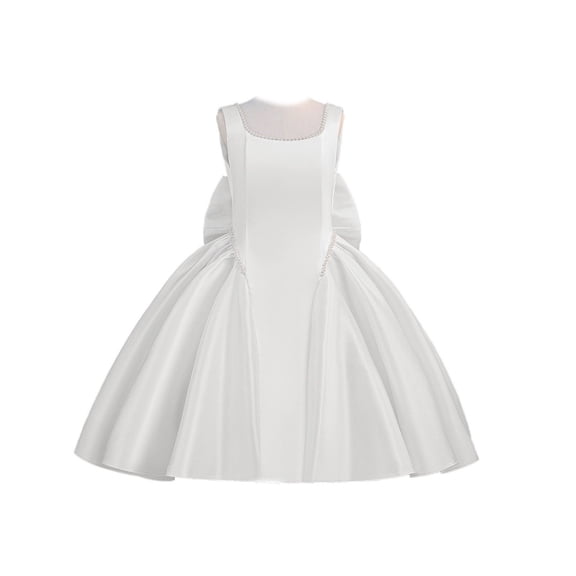 FYDUU Satin Flower Girl Dress Wedding A-Line White Dress for Girls Knee-Length Elegant Pageant Princess Birthday Party Gown Dresses 10-11 Years