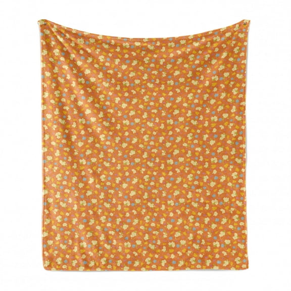 Floral Soft Flannel Fleece Blanket, Continuous Cheerful Spring Flowers Curlicue Style Twigs on Tender Backdrop, Cozy Plush for Indoor and Outdoor Use, 70" x 90", Apricot Multicolor, by Ambesonne