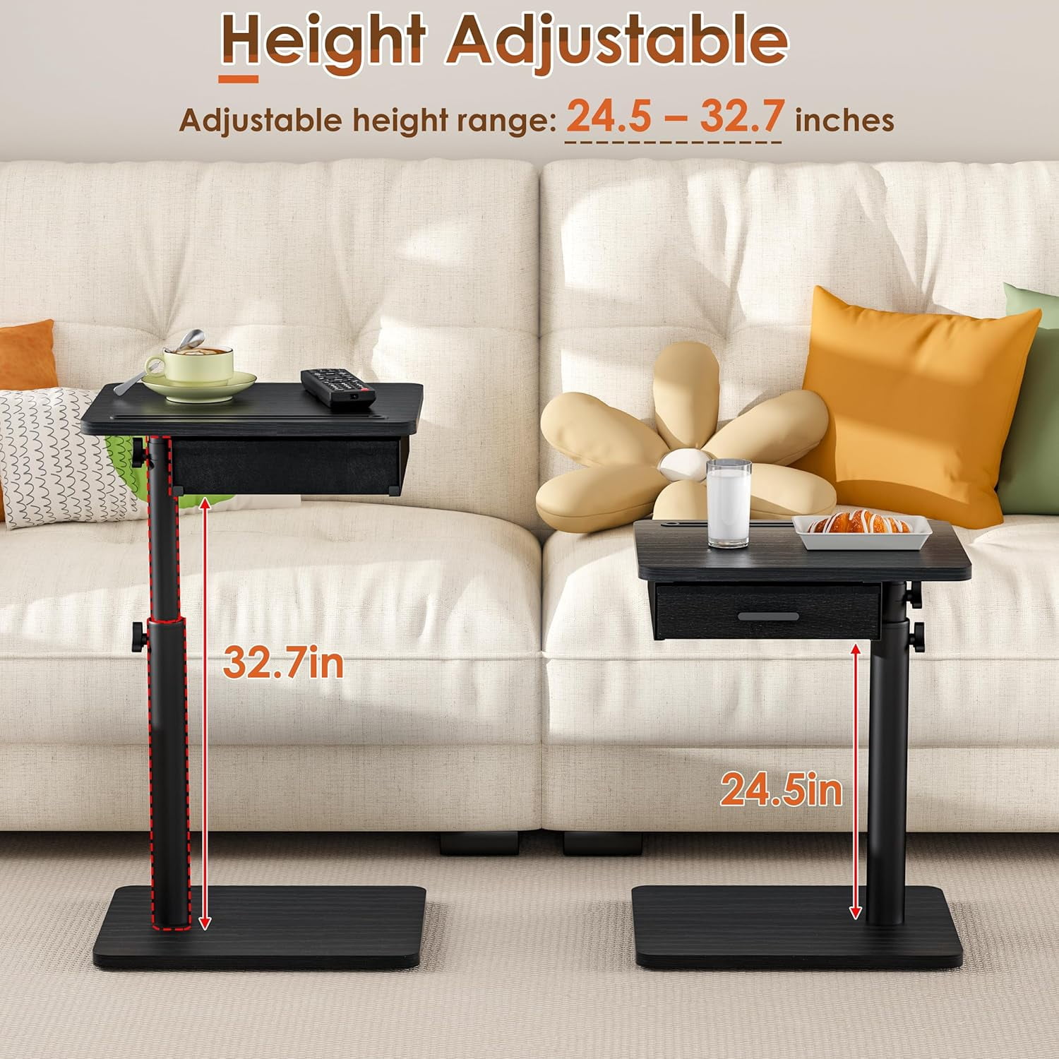 TV Tray Table with Swivel Top, Drawer, and Height Adjustment for Eating, Working, or as a Sofa Desk in Living Room or Bedroom