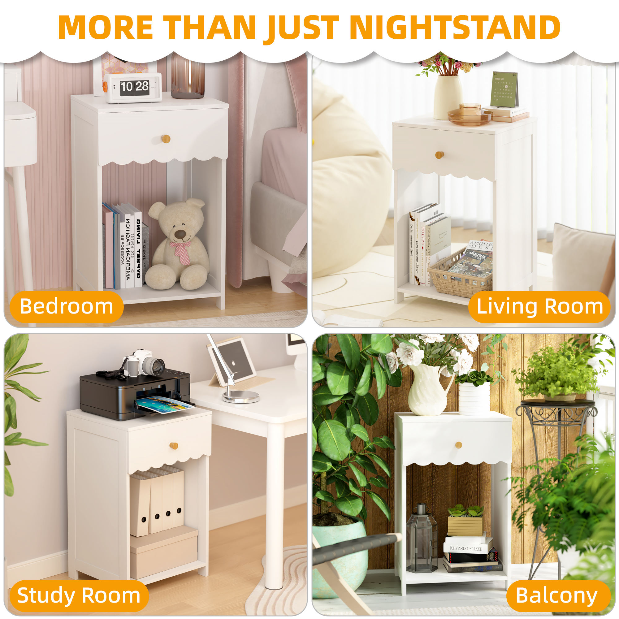 Yoneston 2 Pcs Elegant Nightstand with Drawer and Open Shelf Storage for Bedroom Kid's Room Bedside, White