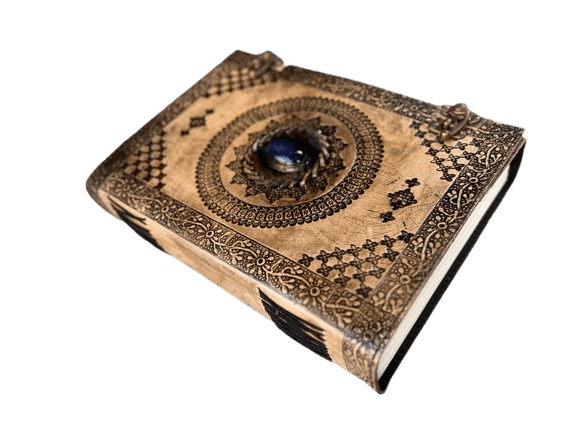 Handmade Brown Embossed Leather Journal with Blue Stone – 10" x 7", 200 White Pages– Vintage Artistic Notebook