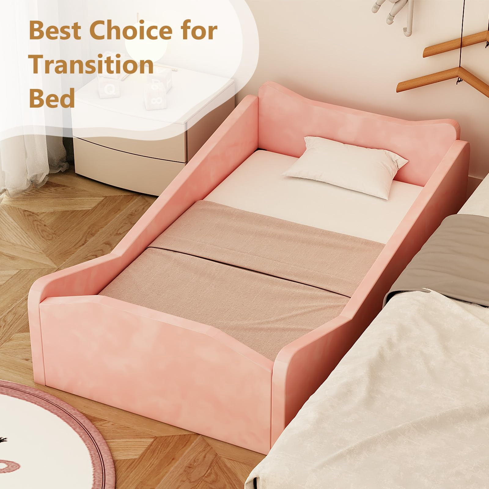Zimtown Wood Bed, Floor Bed with Safety Guadrail, Montessori Bed with Soft Velvet Wood Bed, Mattress not Included (Pink)