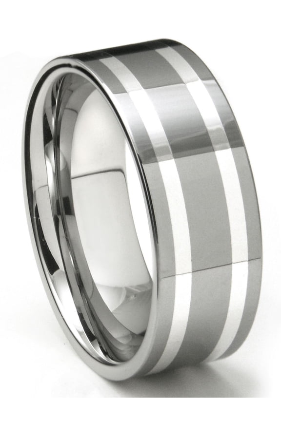 Tungsten Carbide Silver Inlay Comfort Fit Mens Wedding Band Ring Sz 9.5