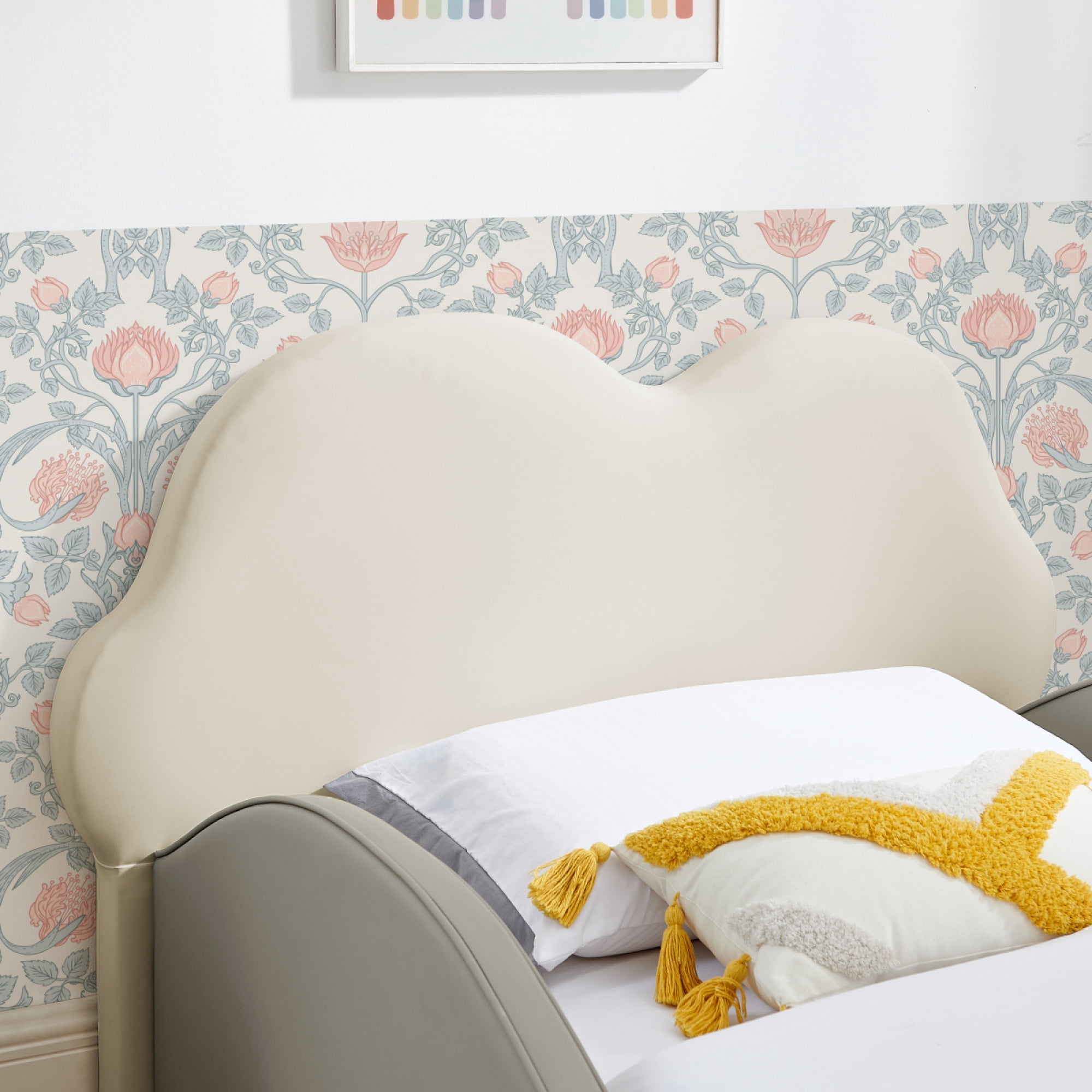 Twin Size Cute Cloud Shape PU Leather Bed with Guardrails, Safety Toddler Bed with Cartoon and Storage Pocket,Beige + Grey