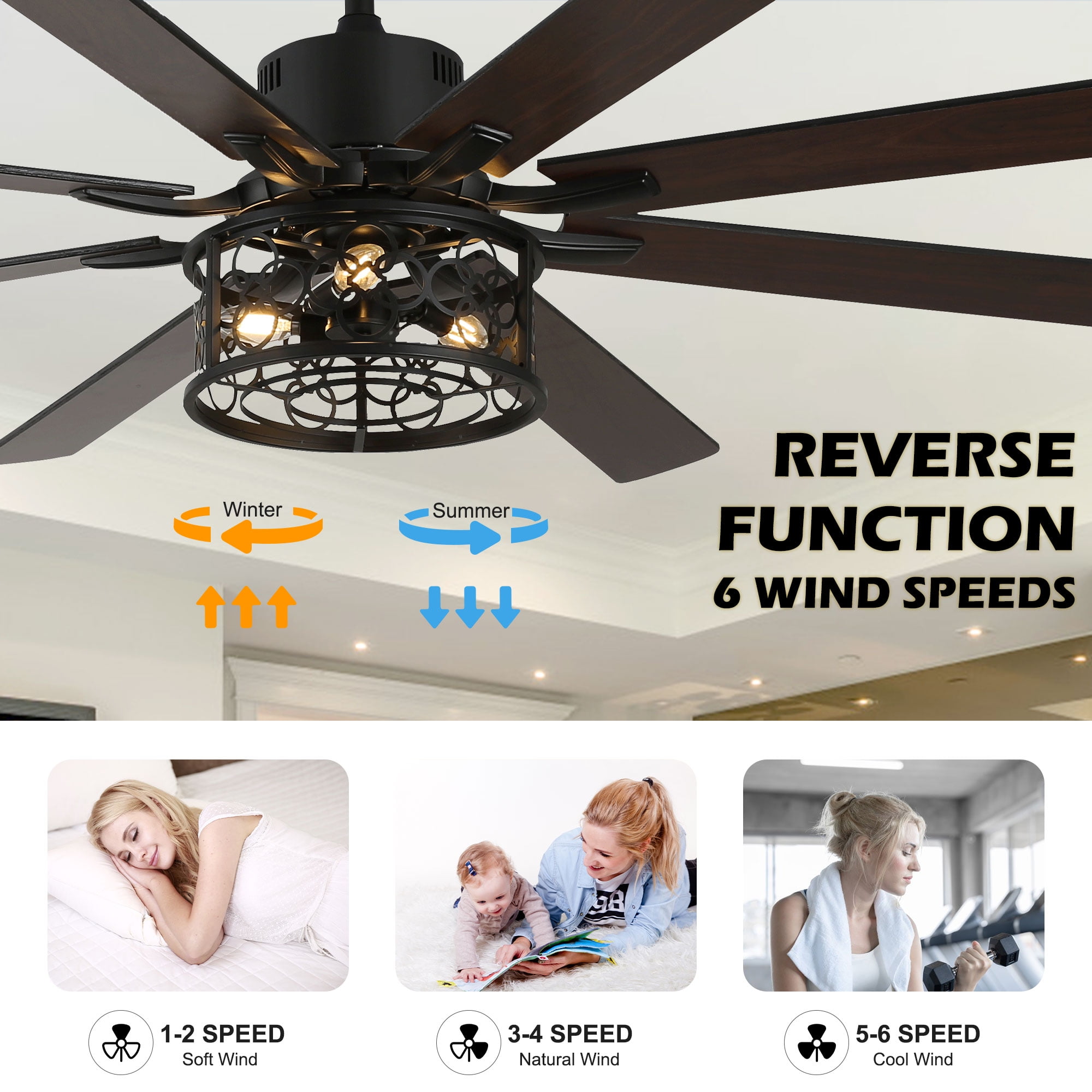 Chords Attic 72" Reversible 8-Blade Ceiling Fan with LED Lights, Remote 3-Color, 6-Speed and Timer