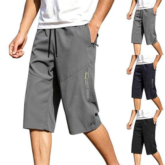 Taqqpue Mens Dry 3/4 Length Shorts Elastic Waist Zipper Pocket Hiking Pants For Outdoor Workout Casual Wear