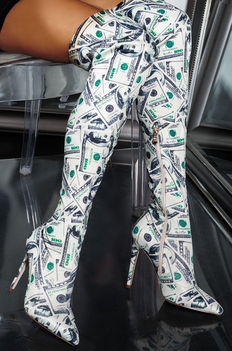 money print thigh high boots