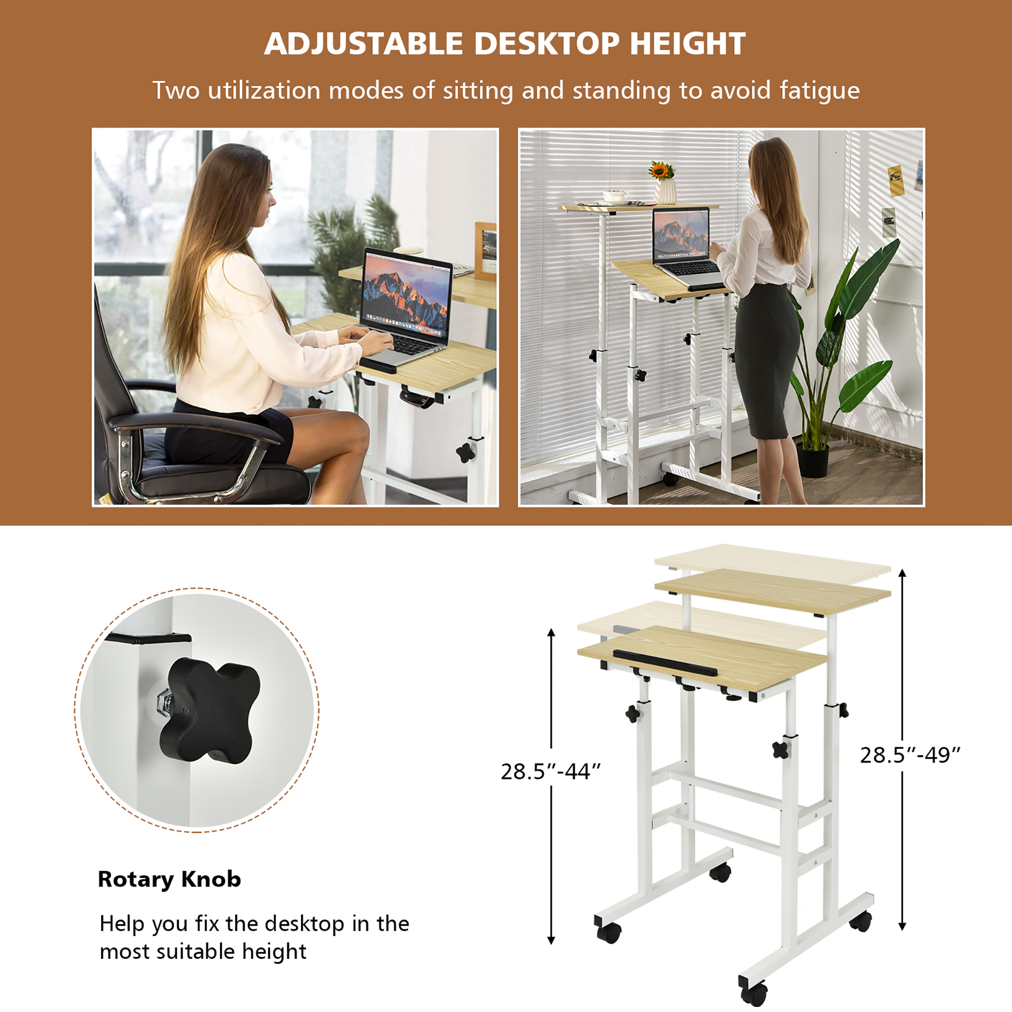 Costway Mobile Standing Desk Rolling Adjustable Laptop Cart Home Office Natural - image 4 of 10