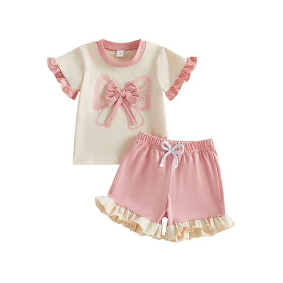 Loicainy Baby Toddler Girls Shorts Set, 6 12 18 24 Months 2T 3T 4T Short Sleeve Crew Neck Bow T-shirt with Shorts Contrast Color Summer Outfit