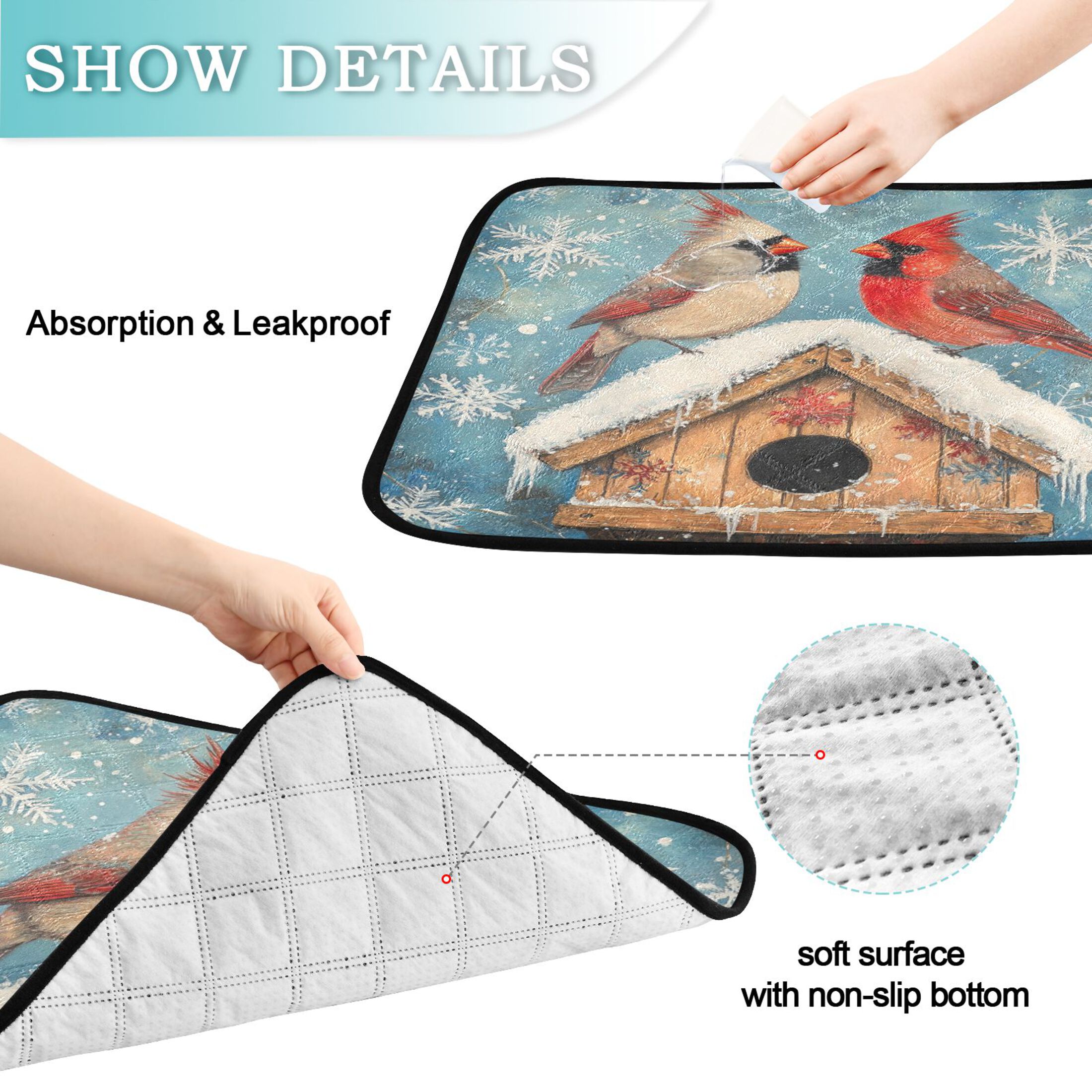 Qxltty Winter Cardinal Bird Cat litter Pads Pet Set of 2 Diaper Mats Center Anti-leakage Layer Absorbent Soft and Comfortable