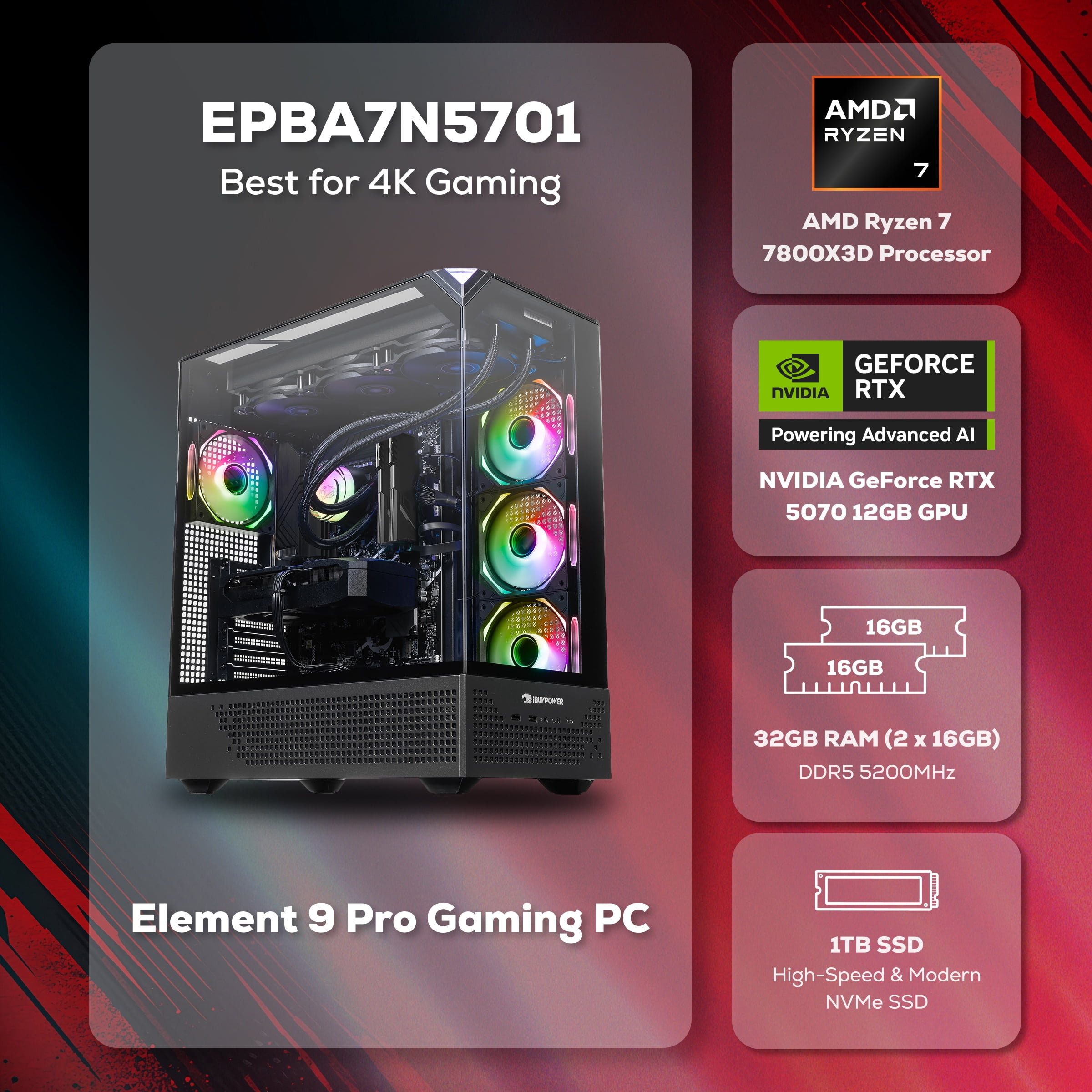 iBUYPOWER Element Pro Gaming PC Desktop, AMD Ryzen 7 7800X3D, NVIDIA GeForce RTX 5070 12GB, 32GB DDR5 RGB RAM, 1TB NVMe SSD, EPBA7N5701