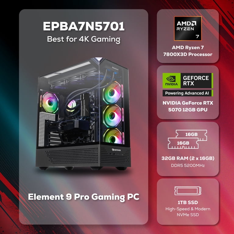iBUYPOWER Element Pro Gaming PC Desktop, AMD Ryzen 7 7800X3D