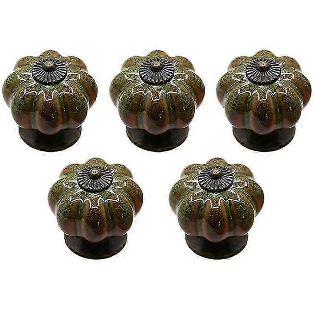 2025 5x European Style Ceramic Drawer Handle Furniture Knobs Pumpkin Shape Vintage Green with Screws