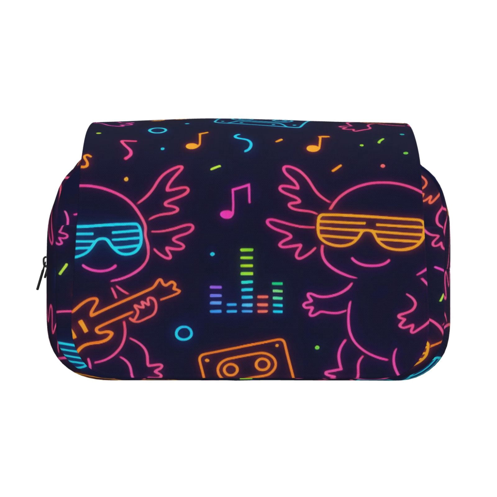 Large-Capacity Flip-Top Double-Layer Pencil Case, Multi-Functional Pocket Pen Case, Durable Stationery Organizer Neon Party Axolotls - 80s Synthwave