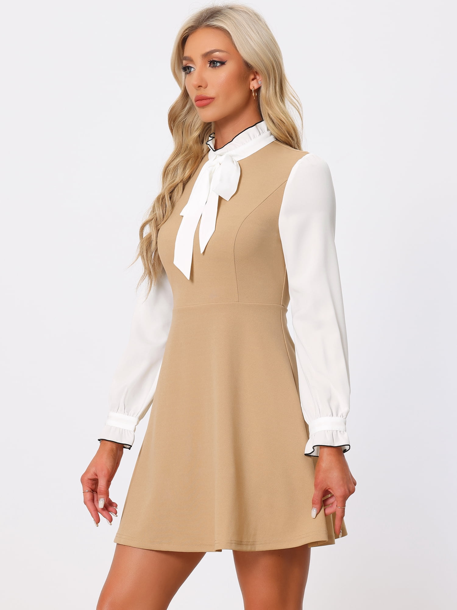 DARING DIVA Contrast Tie Neck Long Sleeve Elegant A-Line Dress XS Khaki