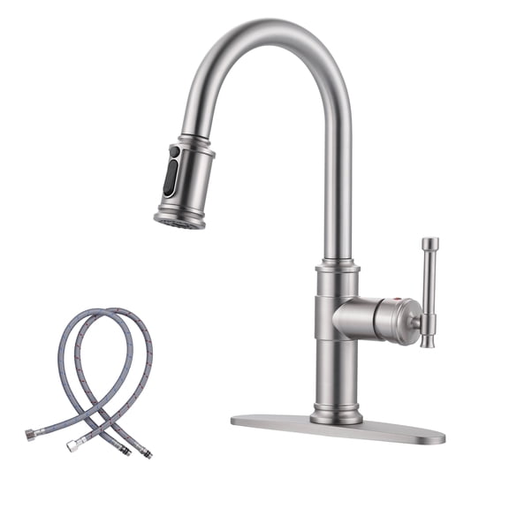 Wowow Brushed Nickel 16.2 in. Single Handle Pull Down Sprayer Kitchen Faucet with 360° Spout Swivel in Stainless Steel