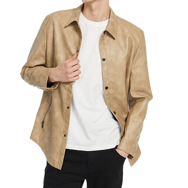 LOVZFMLL Jackets for Men Man Solid Color Button Washed Leather Jacket Lapel Coat