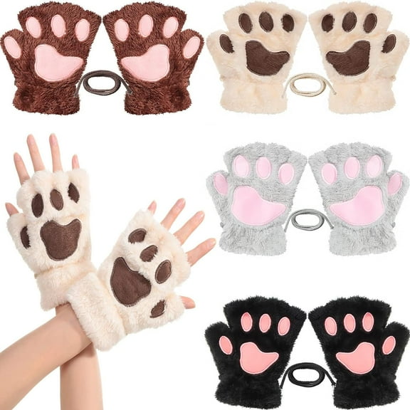Dalrosia Cat Paw Gloves Cute Kitten Furry Paws Costume Winter Fingerless Mitten Glove for Kids Women