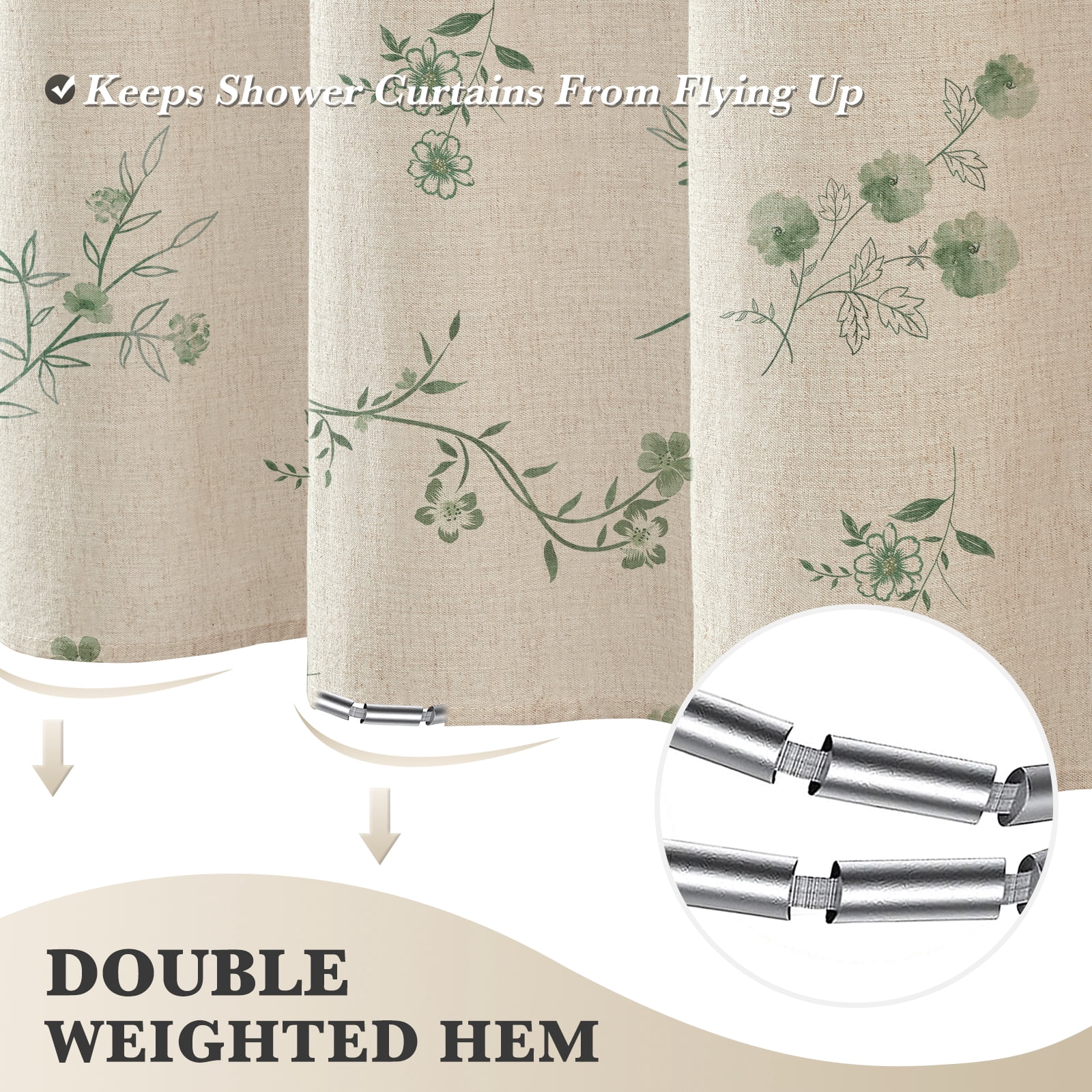 Seasonwood Floral Shower Curtain,French Country Fabric Shower Curtain for Bathroom Decor,12 Hooks,Green,72"x72"