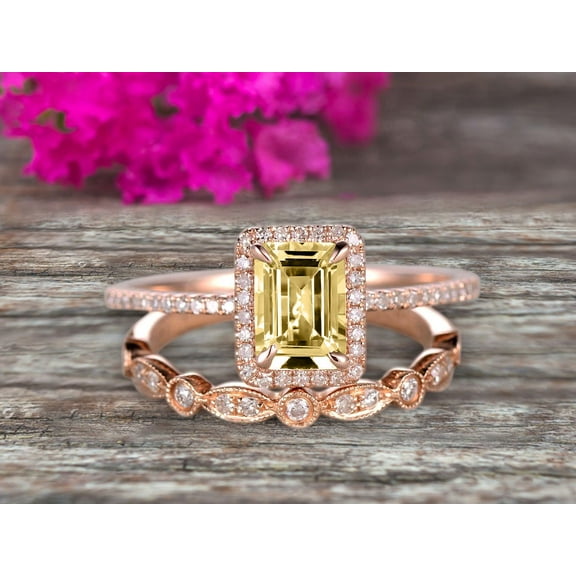 Halo Art Deco 2.25 Carat 7x5mm Emerald Cut Champagne Diamond Moissanite Wedding Set Bridal Ring Engagement Ring Set On 10k Rose Gold Stacking Matching Band Anniversary Gift