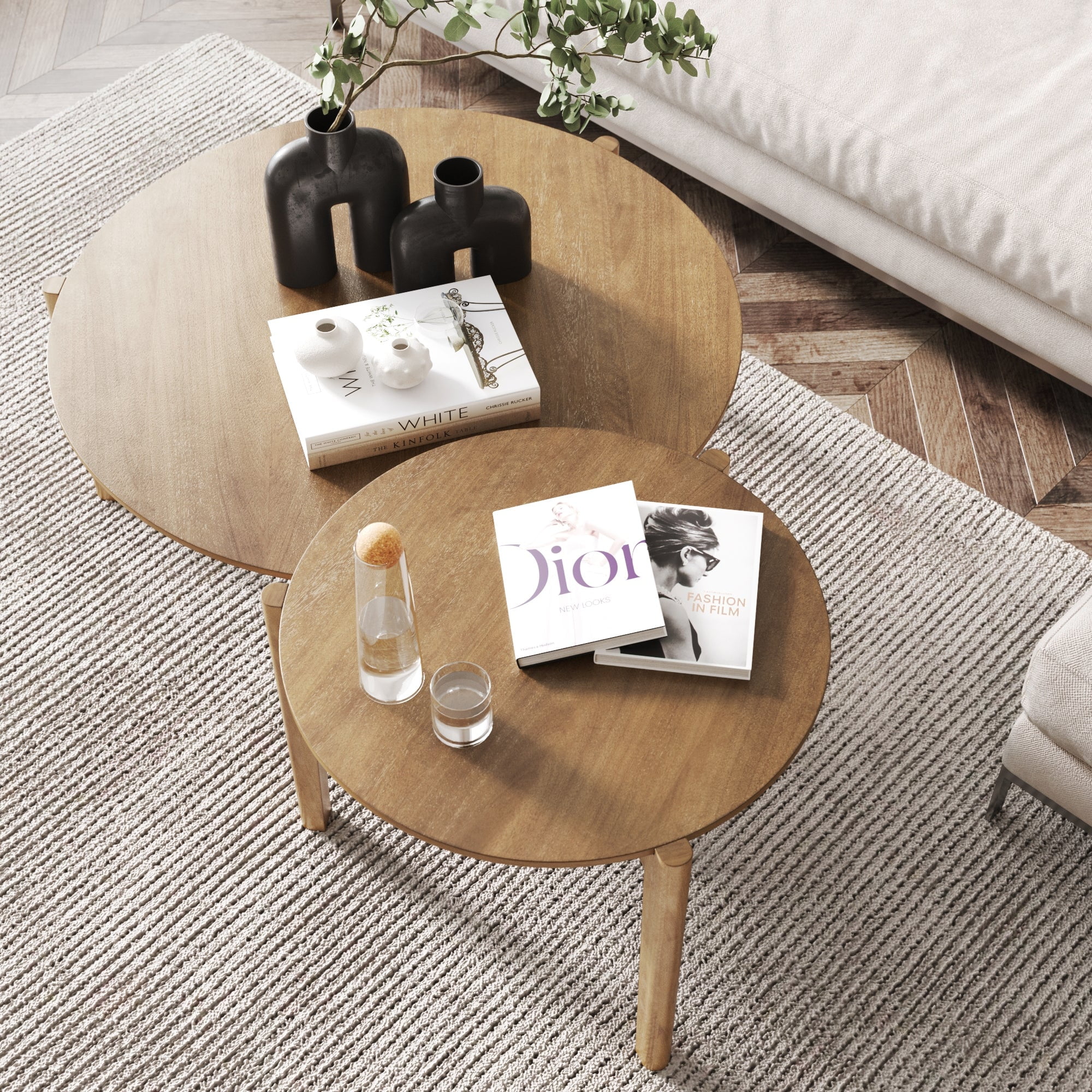 Nathan James Kendall Round Nesting Living Room Coffee Table Set of 2, Stalking Accent Tables with Wire Brushed Finish, Light Brown