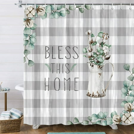 Gray and White Farmhouse Shower Curtain, Modern Grey Buffalo Plaid Rustic Jar Green Plant Cotton Floral Bathroom Accessory Sets, Country Chic Fabric Bath Decor, Hooks Included, 72X72