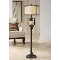 Barnes and Ivy Henson Industrial Floor Lamp 63" Tall Bronze with LED Nightlight Earthy Fabric Drum Shade for Living Room Bedroom Office House Home