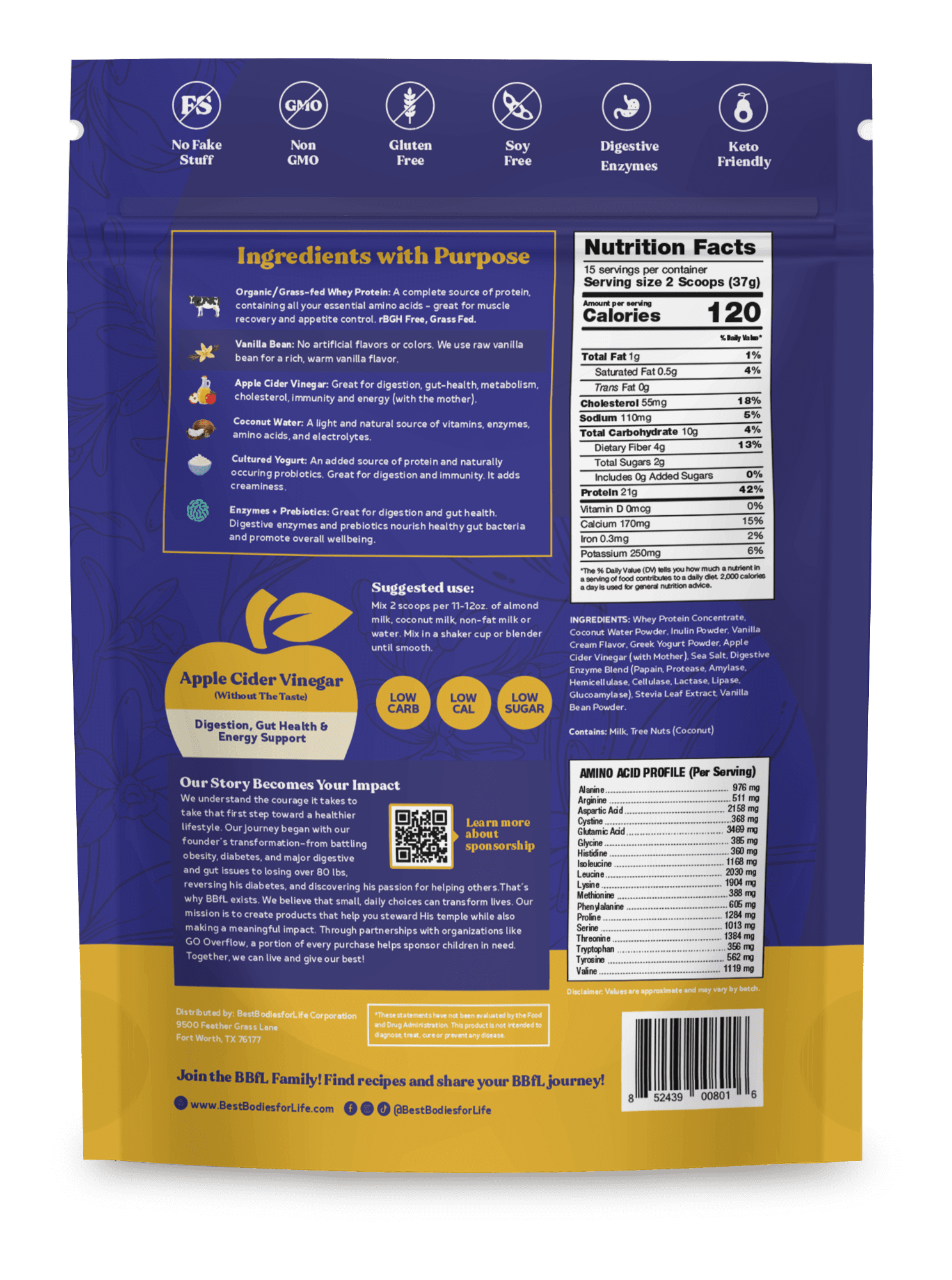 BBfL Vanilla Cream, 21g Protein, Grass-fed Whey Protein, Apple Cider Vinegar, 50mg Digestive Enzymes, No Seed Oils, No Gums, All in One Shake (15 Servings, Vanilla)