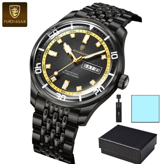 POEDAGAR Men Stainless Steel Quartz Watch Luxury Military Casual Wrist Watch with Luminous Hands Date Week Display Hardlex Crystal Waterproof Dress Wristwatch with Gift Box