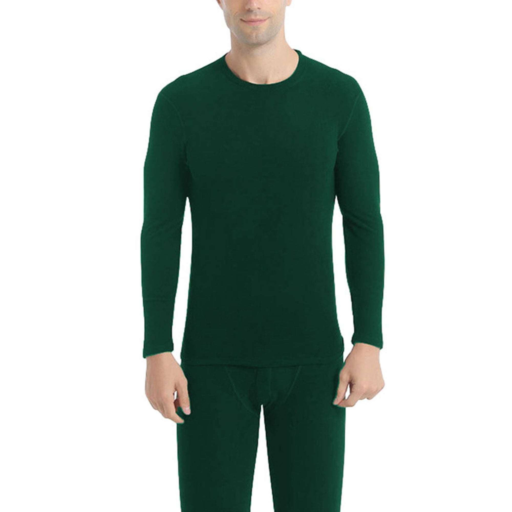 Tenmix Men Long Sleeve Pajama Set Crew Neck Thermal Underwear Fleece Base Layer Johns Winter Warm Top And Bottom Suits Dark Green M