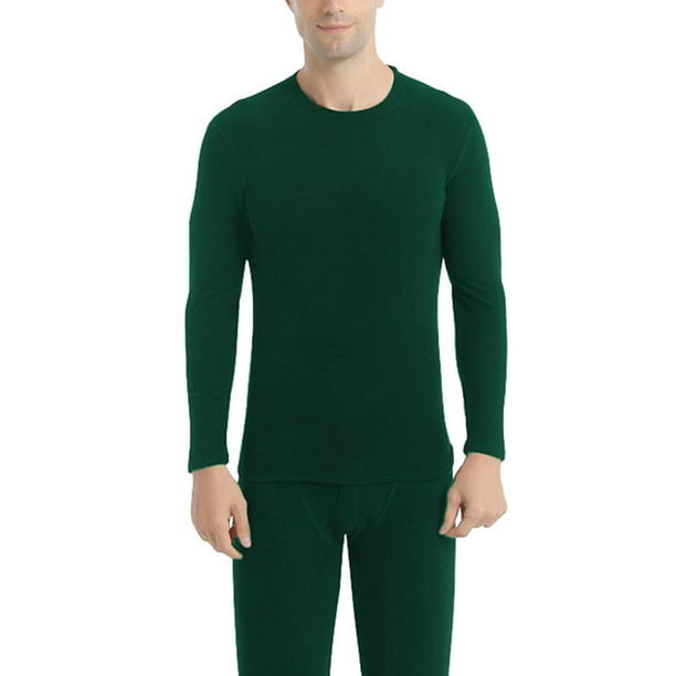 Tenmix Men Long Sleeve Pajama Set Crew Neck Thermal Underwear Fleece Base  Layer Johns Winter Warm Top And Bottom Suits Dark Green M 